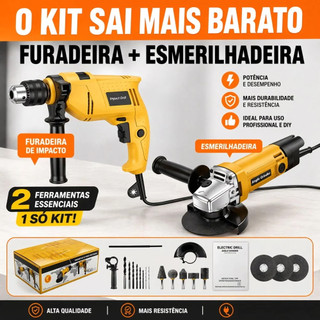 Kit 2 Peças Furadeira Parafusadeira e Esmerilhadeira Elétrica com Fio Alta Potência Ferra…