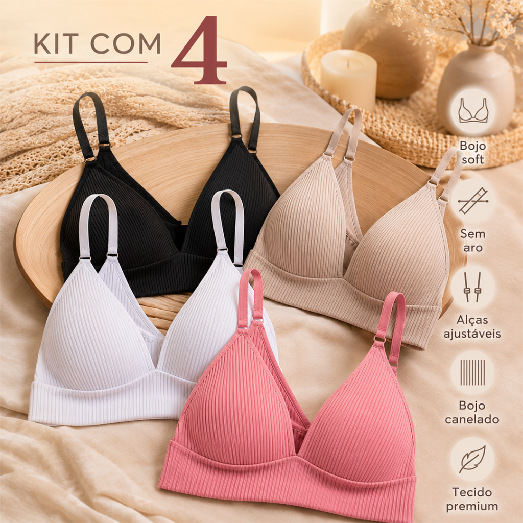 Kit 4 soutien canelado bojo soft sem aro conforto atacado varejo dia a dia cores sortidas