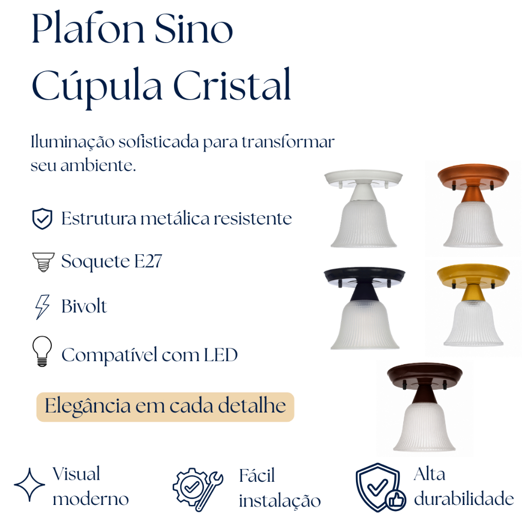 Plafon Sino Termoplástico Luminária Teto Soquete E-27 Branco Preto Cobre Dourado Sala Quarto Banheiro Cozinha 110v/220v