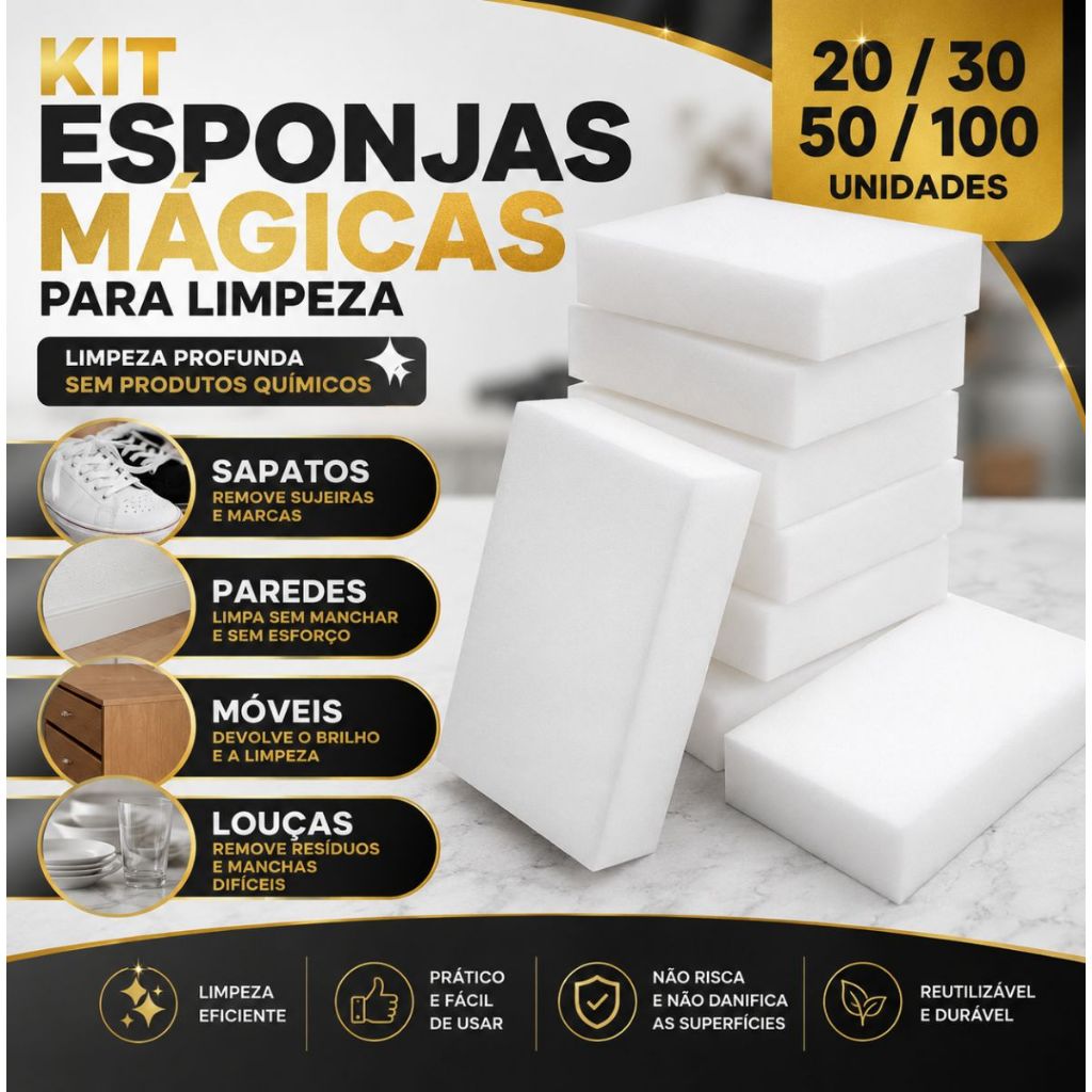 Kit 20/30/50 Esponjas Mágicas Limpeza Multiuso Casa Sapatos Paredes Remove Manchas Esponjas Melamina