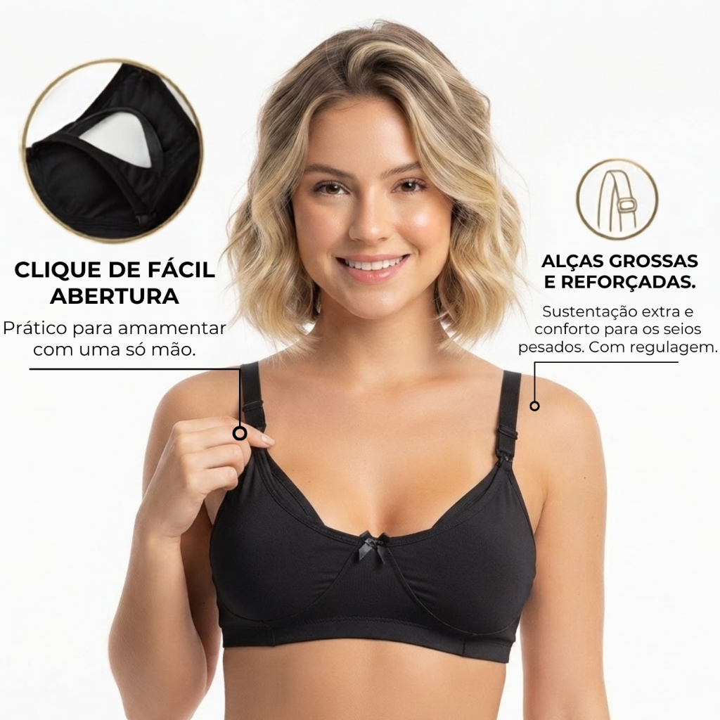 Sutiã Amamentação Gestante Pós Parto Click Fácil Sem Bojo Reforçado Conforto Eliane Kit 2 3 Peças