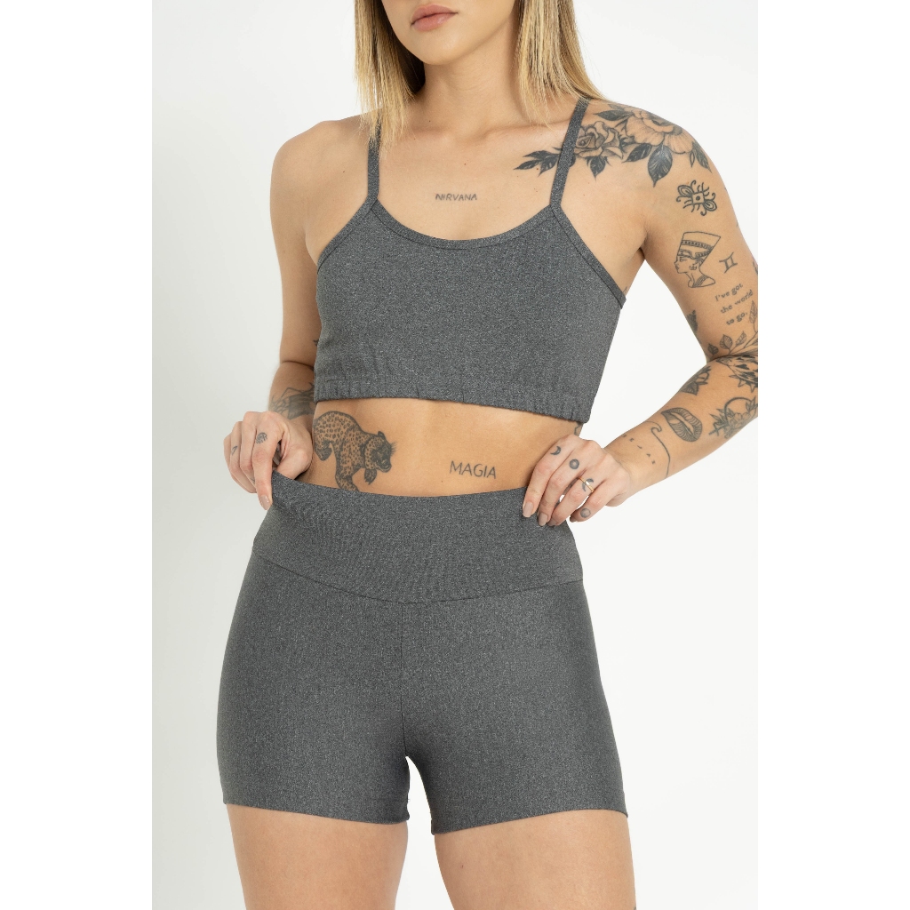 Kit Fitness Feminino Top + Short Cintura Alta Academia Suplex Treino Cinza Mescla Academia Treino Corrida Feminino
