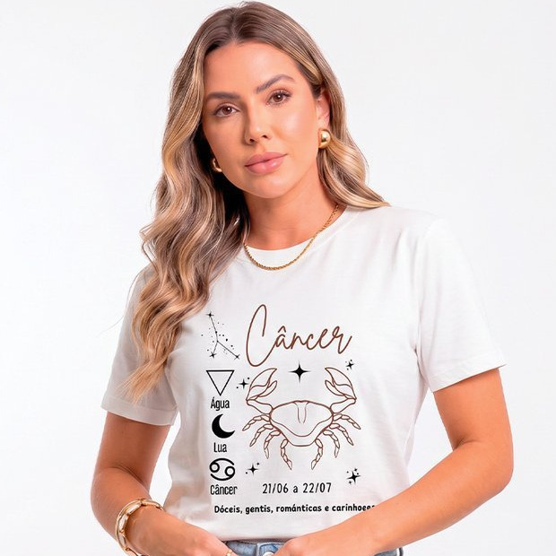 Camiseta Feminina Off White com Estampa de Signos Câncer Confortável e Estilosa