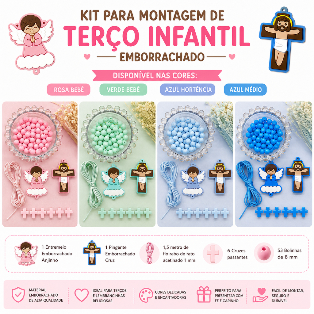 Kit para Terço Infantil Emborrachado Artesanato Lembrancinhas Batizado Primeira Comunhão