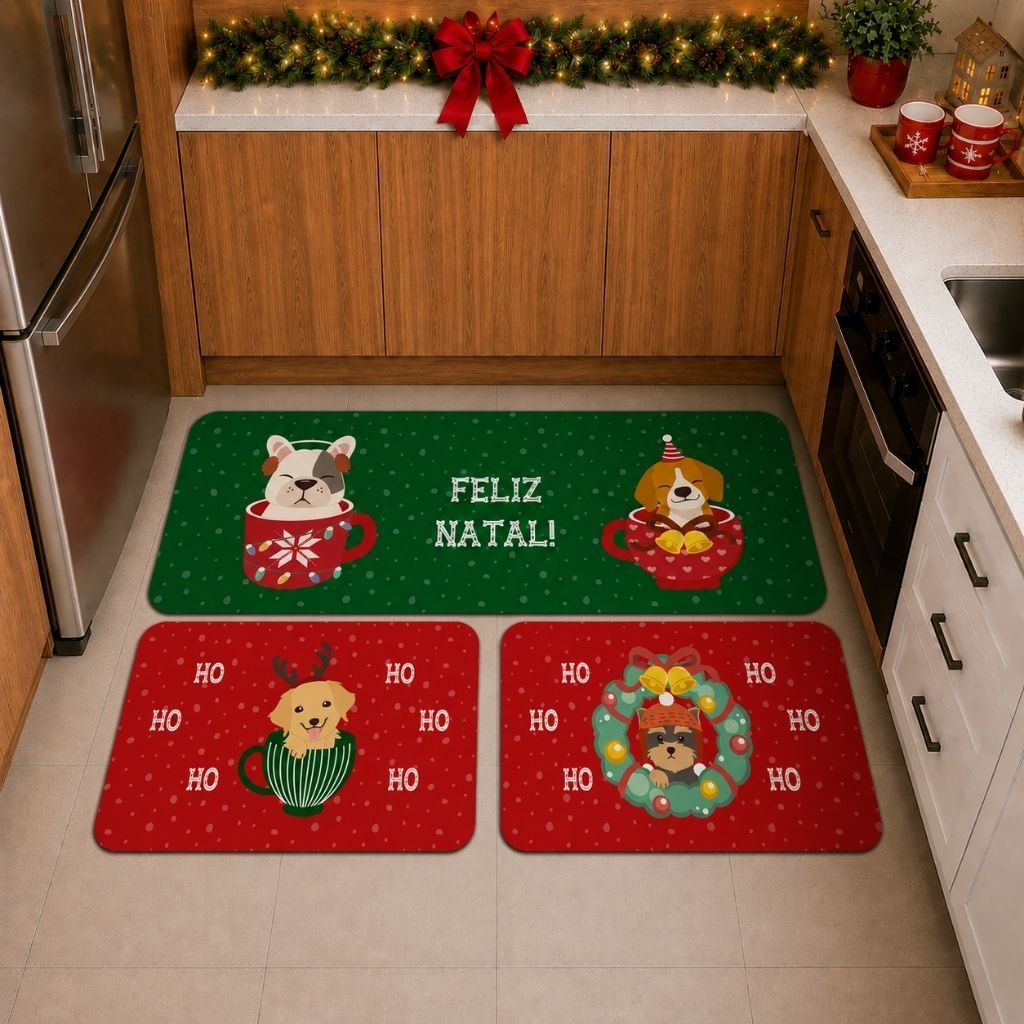 KIT 03 TAPETES PARA COZINHA NATALINO ANTIDERRAPANTE NATAL PETS