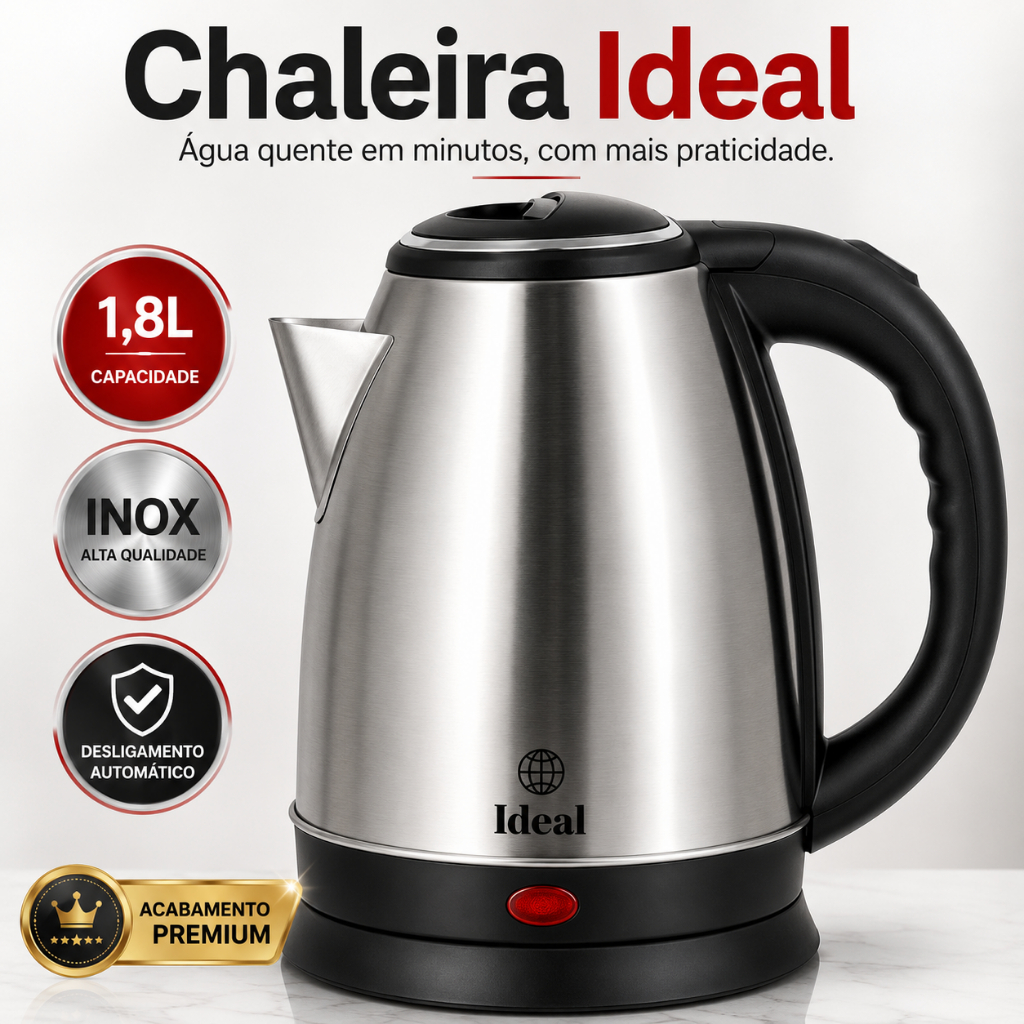 Chaleira Elétrica Ideal 1,8L Inox 1000W 127V Base Giratória 360° Desligamento Automático