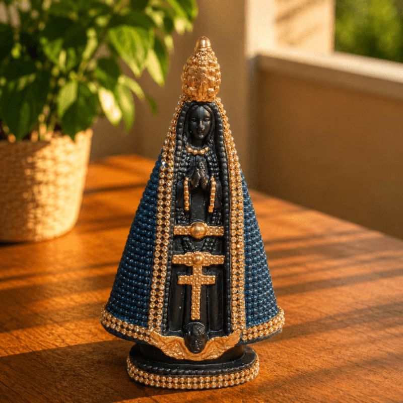 Imagem Nossa Senhora Aparecida Dourada Perolada C/ Strass 18cm Pintura Óleo Italiana Gesso Maciço Premium