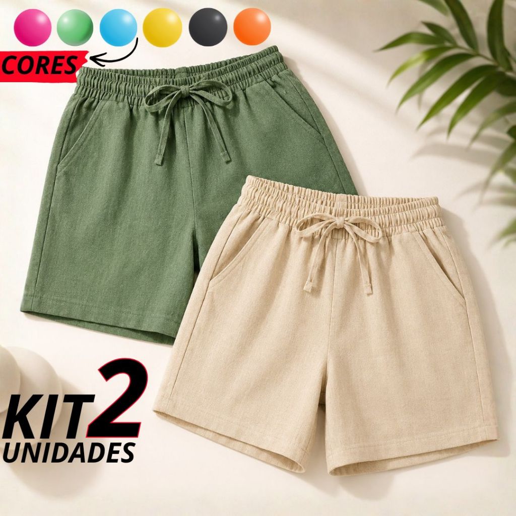 KIT 02 Short Feminino Linho Cintura Alta Soltinho com Bolsos Laterais Elástico Casual Verão