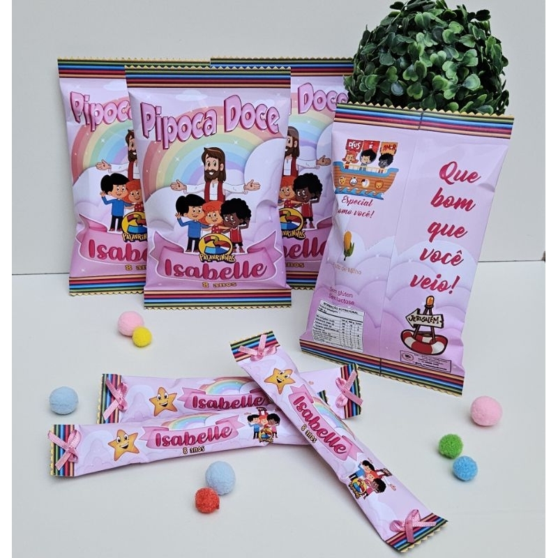 Kit 3 Palavrinhas Pipocas Doces +Jujubas personalizadas lembrancinhas personalizados religiosos igreja festa infantil