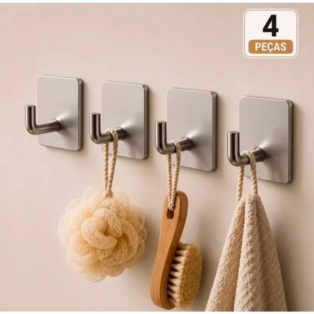 Kit 4 Ganchos Inox Adesivo de Parede Autocolante 3m Cabide