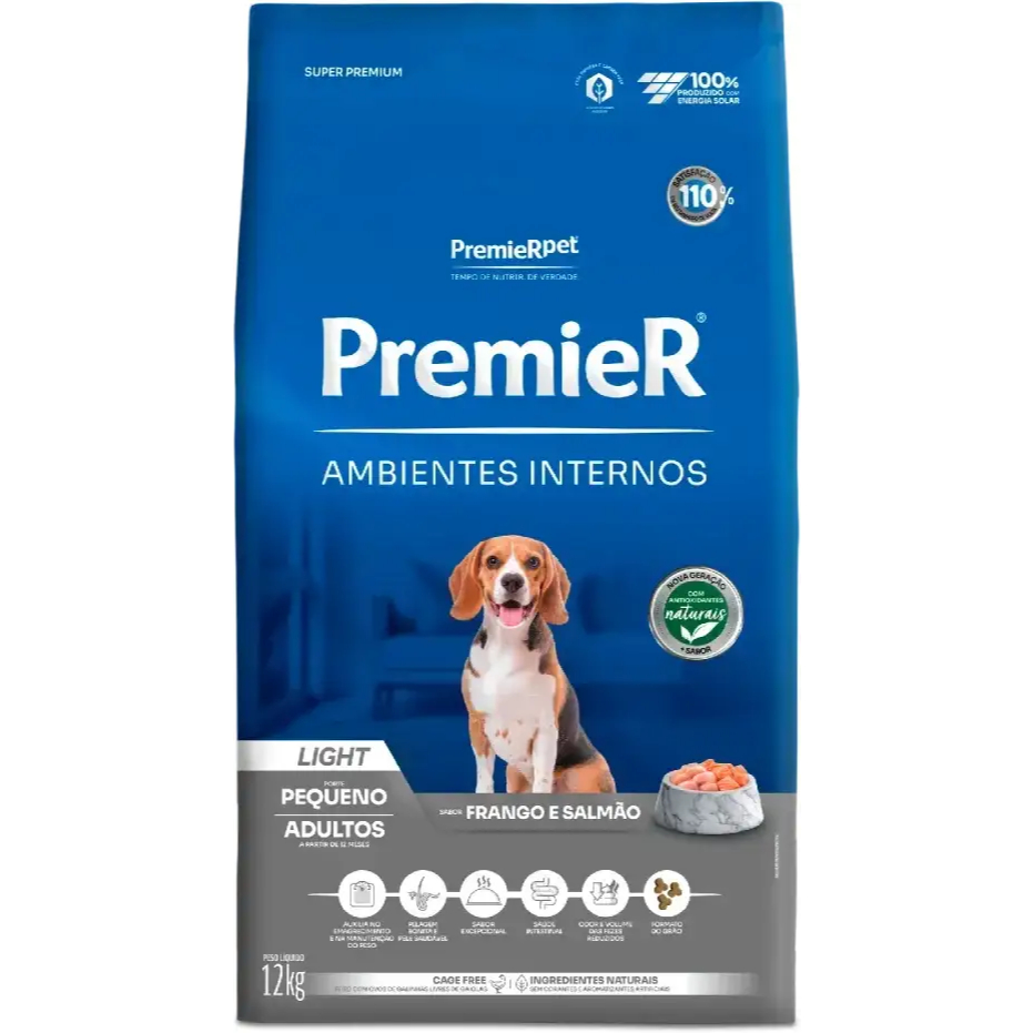 Ração Premier Ambientes Internos Light Cães Adultos Frango e Salmão 12 kg