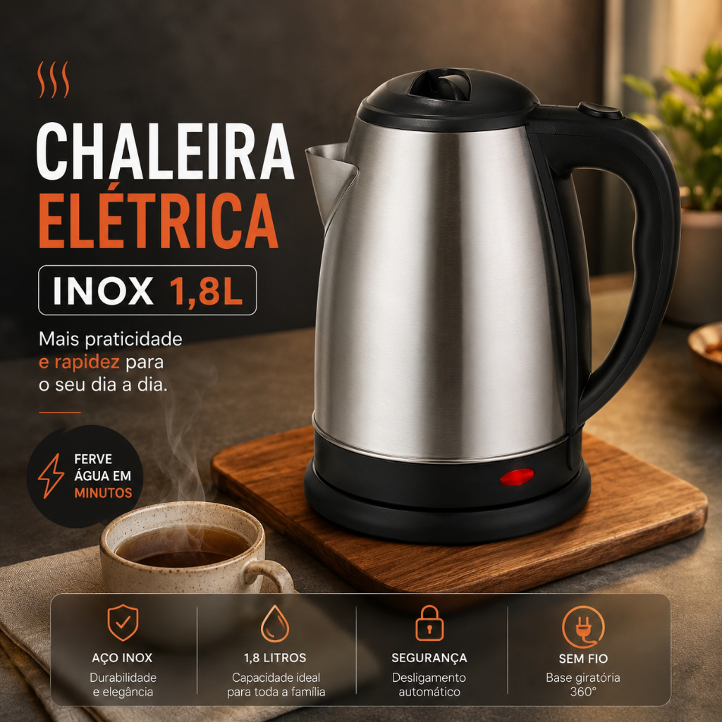 Chaleira elétrica j.bella em aço inoxidável 1,8L - 110V - Fervura rápida - Desligamento automático