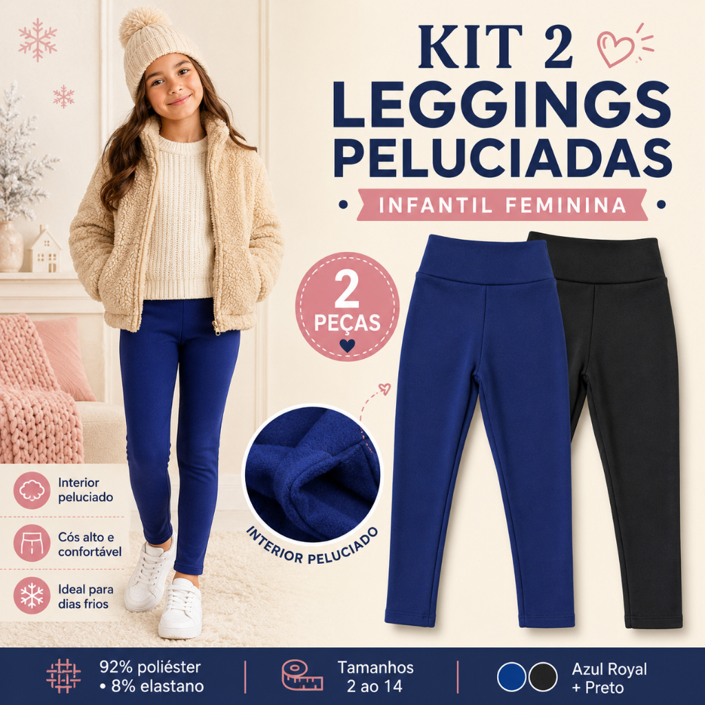 Kit 2 Legging Infantil Juvenil Peluciada 2 ao 14 Menina Calça Quentinha Forrada Cintura Alta Inverno