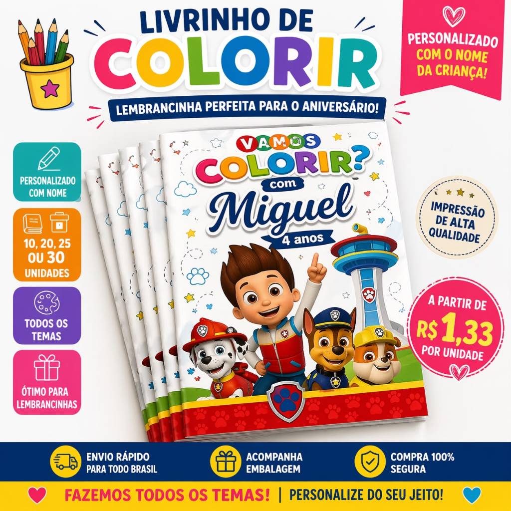 kit 30 livrinhos de colorir personalizado lembrança de aniversário - TODOS OS TEMAS - PATRULHA CANINA SKYE