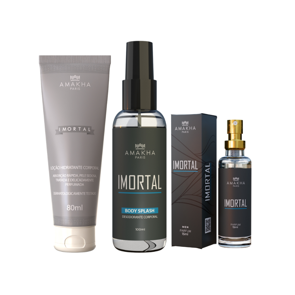 Kit Masculino Imortal: Perfume 15ml + Body Splash + Hidratante | Amakha Paris