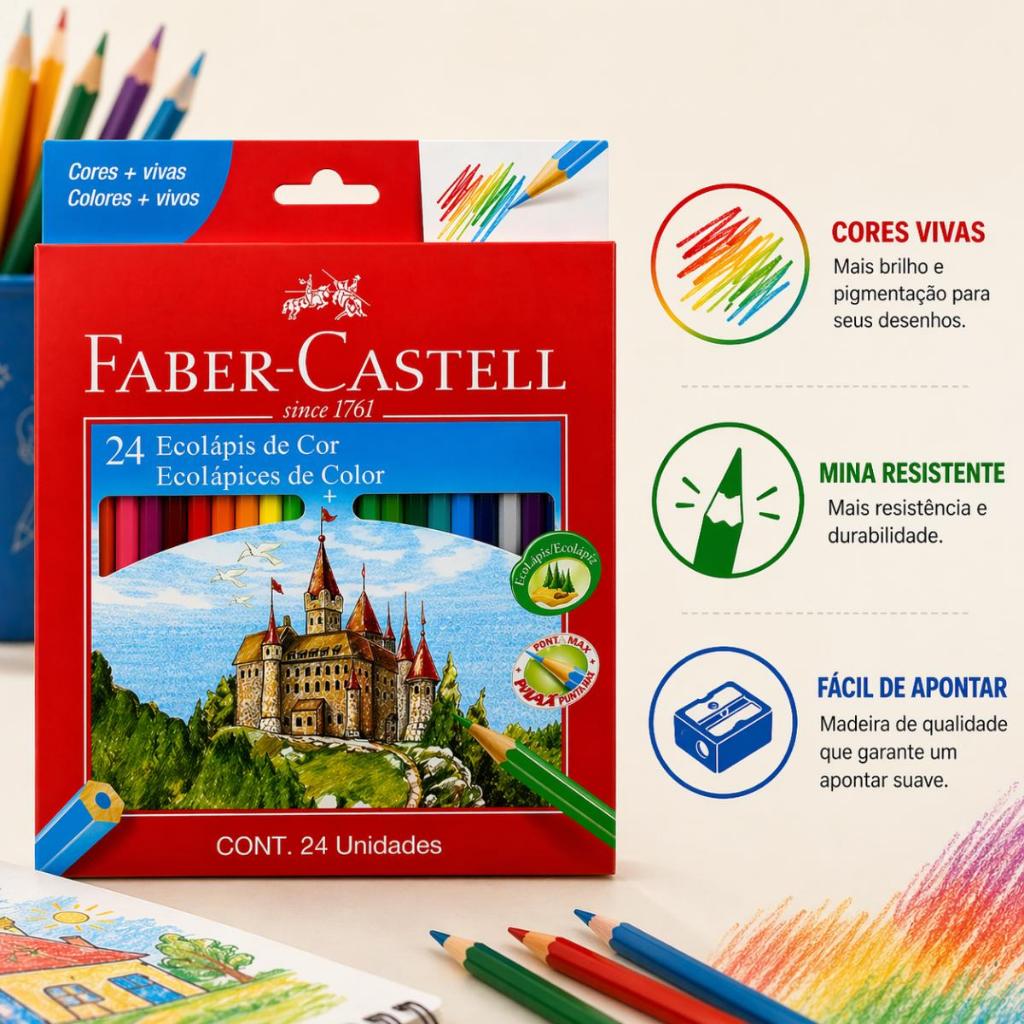 Lápis de Cor Faber-Castell 24 Cores Escolar Desenho Pintura Sextavado Original