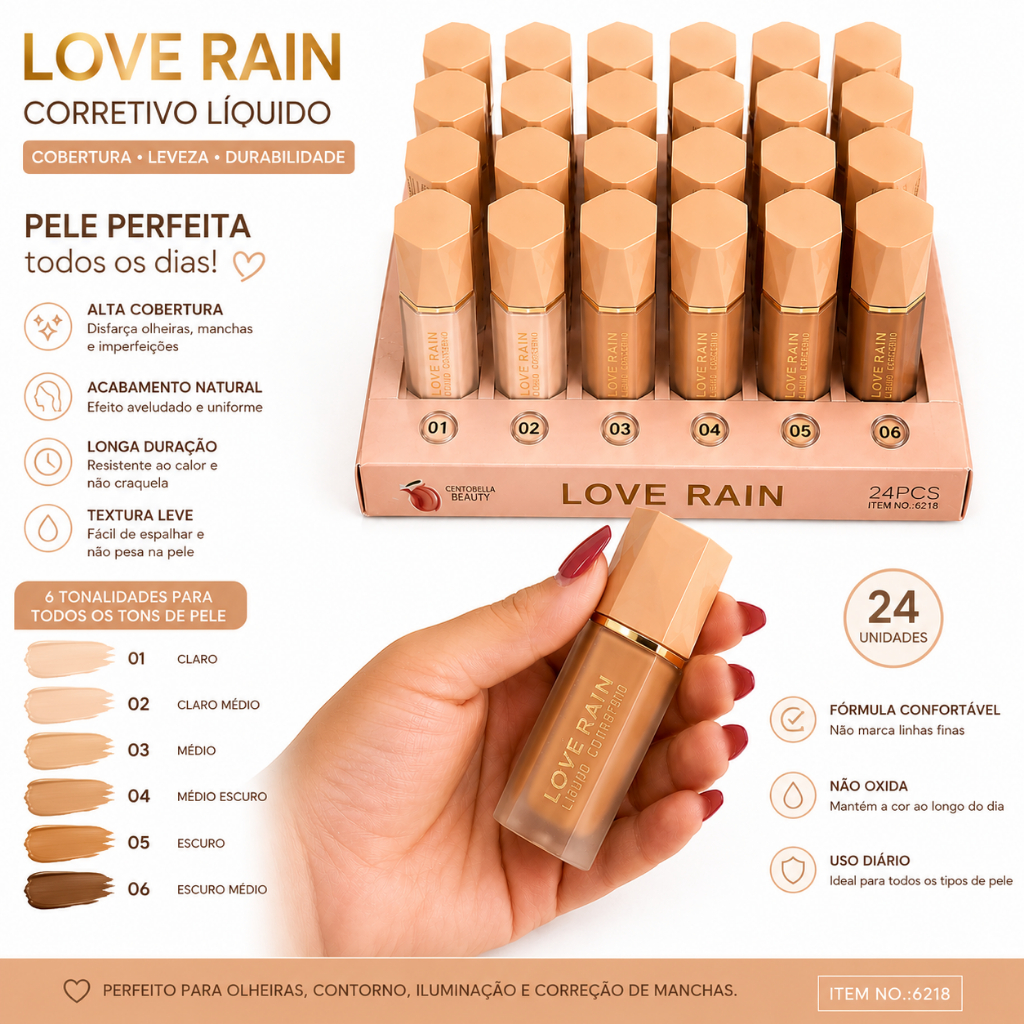 Corretivo Líquido Love Rain Alta Cobertura Longa Duração 6 Tonalidades Acabamento Natural