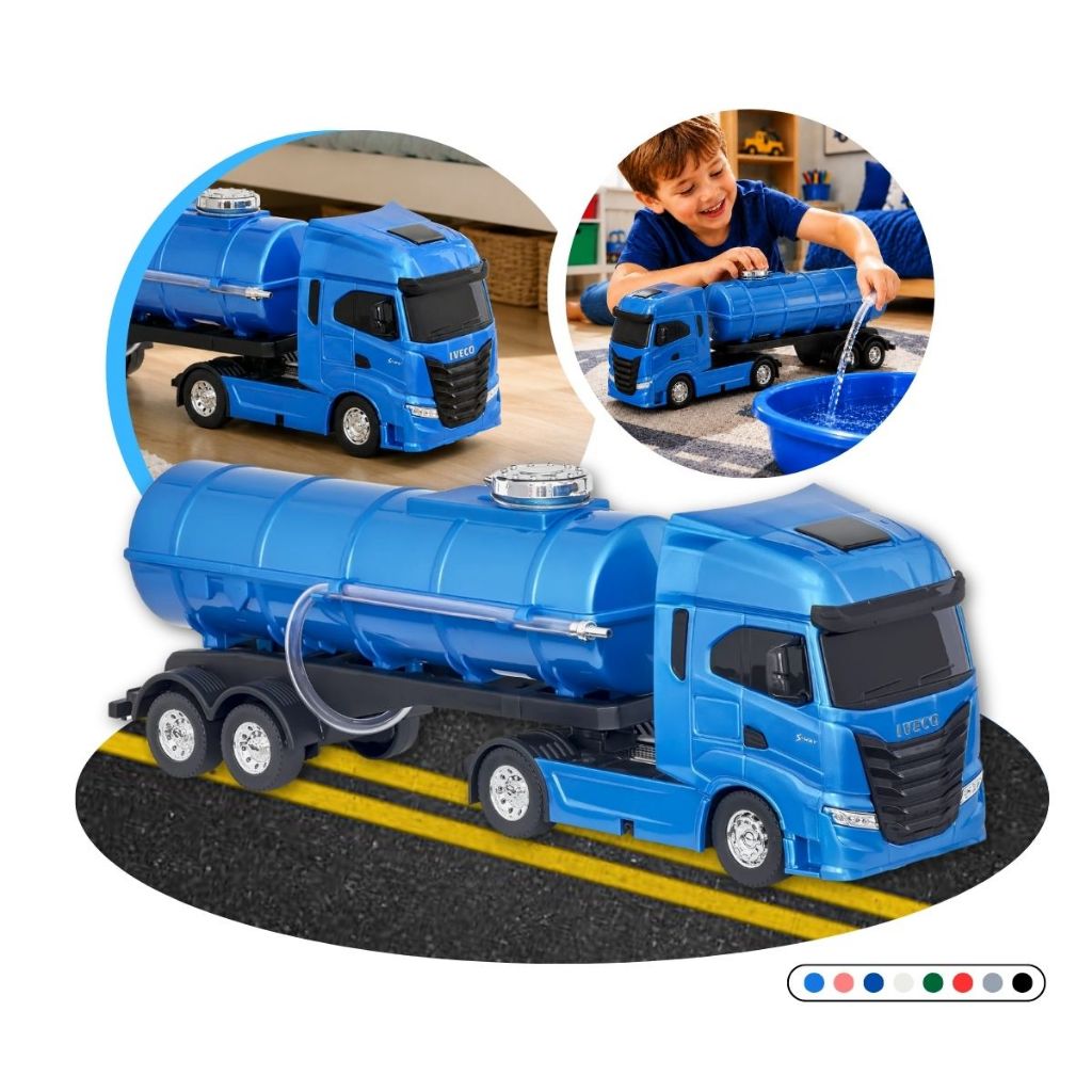 Caminhão Brinquedo Miniatura Iveco S-Way Toco Tanque Mangueira Funcional Roda Cr