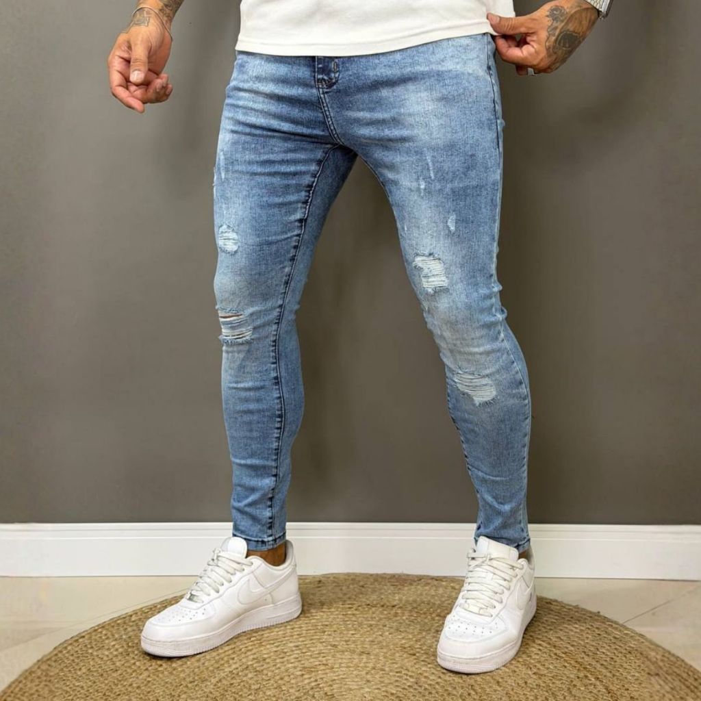 Calça Jeans Masculina Jogador com detalhes Destroyed Rasgada com Elastano Tradicional Premium Skinny