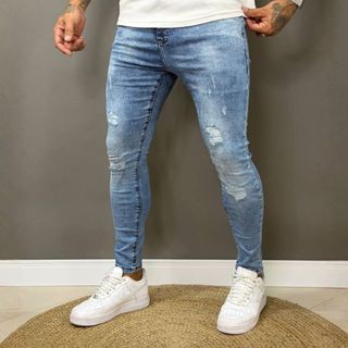 Calça Jeans Masculina Jogador com detalhes Destroyed Rasgada com Elastano Tradicional Premium Skinny