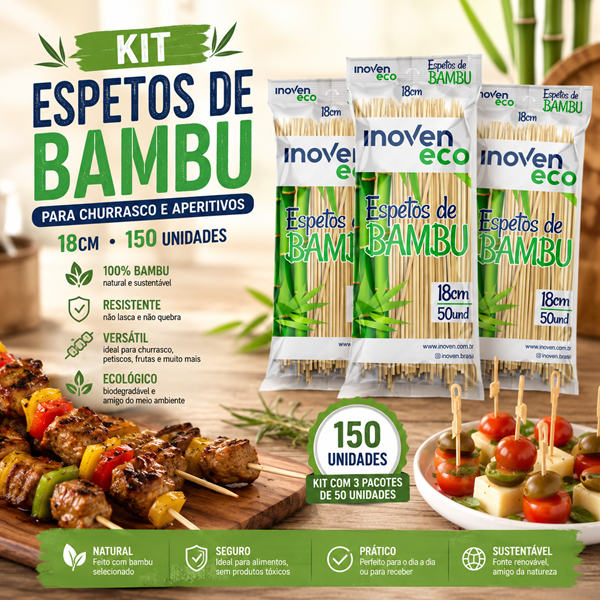 Kit Espetos de Bambu 18cm para Churrasco Aperitivos Inoven 150 Unidades