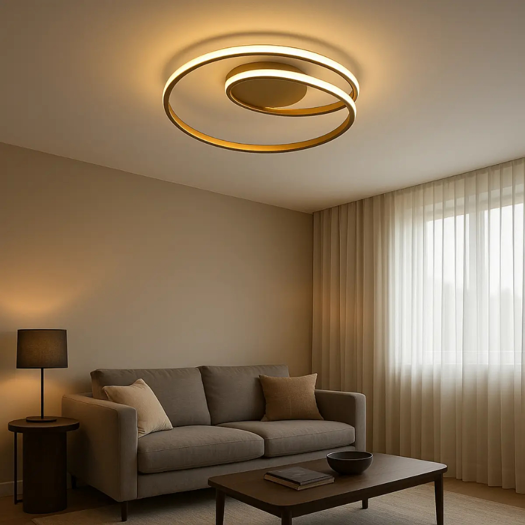 Plafon Grande LED 36W 50cm com Duplo Anel Dourado 3 Cores de Luz Bivolt Design Moderno