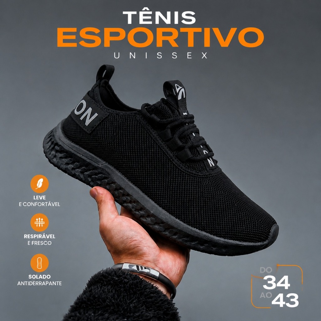 Tênis Masculino Leve Conforto Academia Treino Musculação Mesh Respirável Solado 34 ao 43 Preto Total