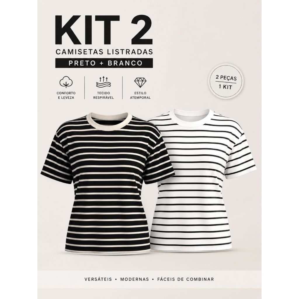 Kit 2 Camisetas Listrada Basica Feminina