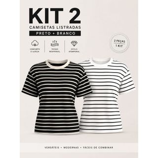 Kit 2 Camisetas Listrada Basica Feminina