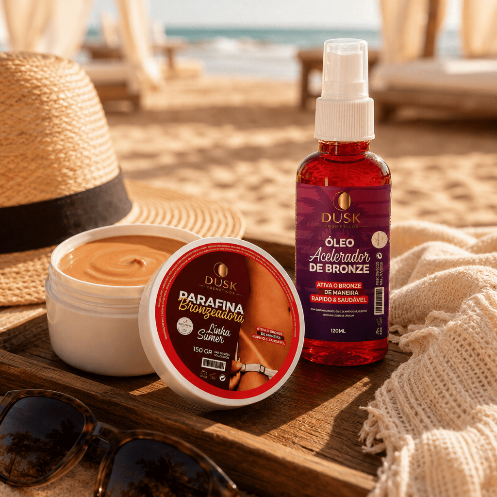 Kit Bronzeador 150ml + Parafina Aceleradora Dusk Marquinha De Fita Biquíni