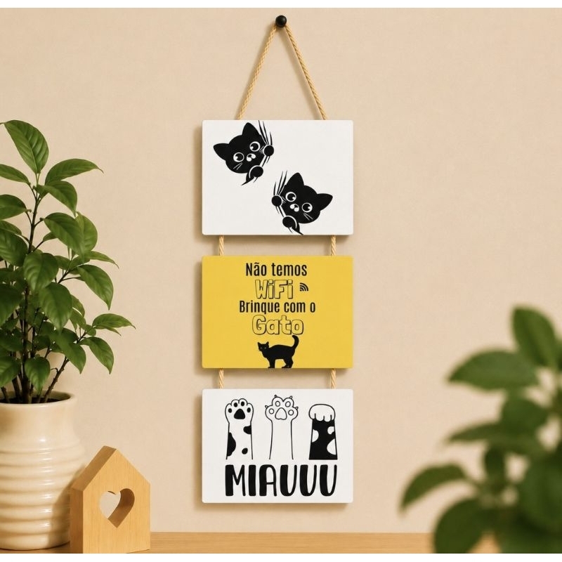Kit 3 Placas Decorativas Gatos MDF 6mm 15x10cm com Corda Sisal Decoração Pet Miau