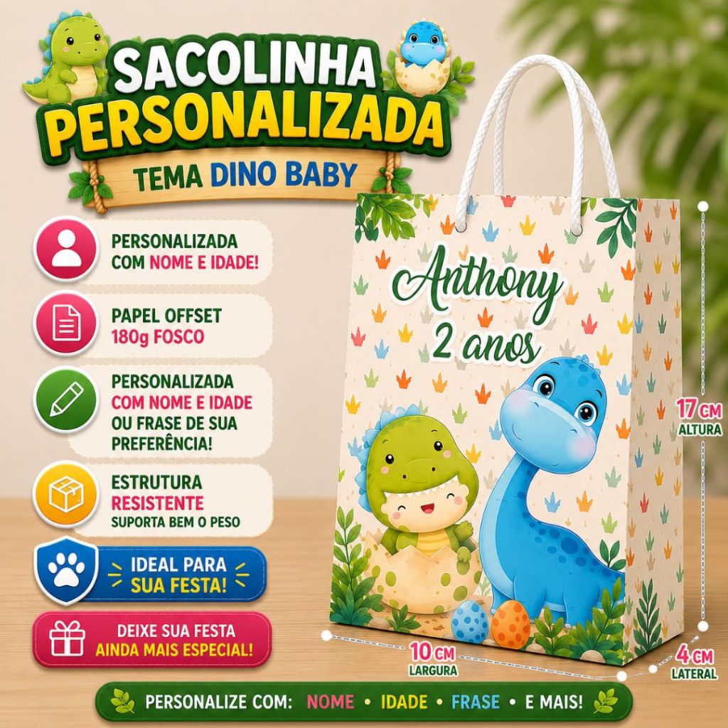 Sacolinha Personalizada P Dino Baby Dinossauro | Lembrancinha Festa Infantil |  Fazemos Todos os Temas - PEGUE E MONTE