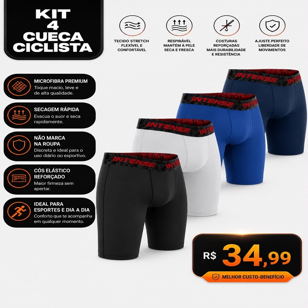 Kit C/4 Cuecas Box Boxer Ciclista Microfibra Confortável Perna Longa