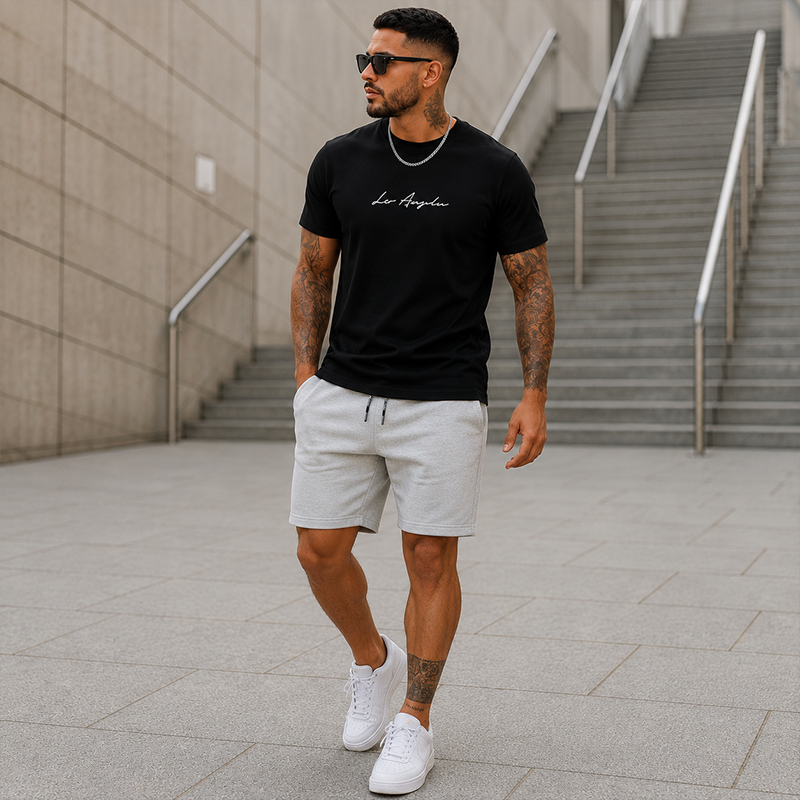 Kit Camiseta E Bermuda Moletinho Los Angeles Confortavel Estilosa Envio Imediato