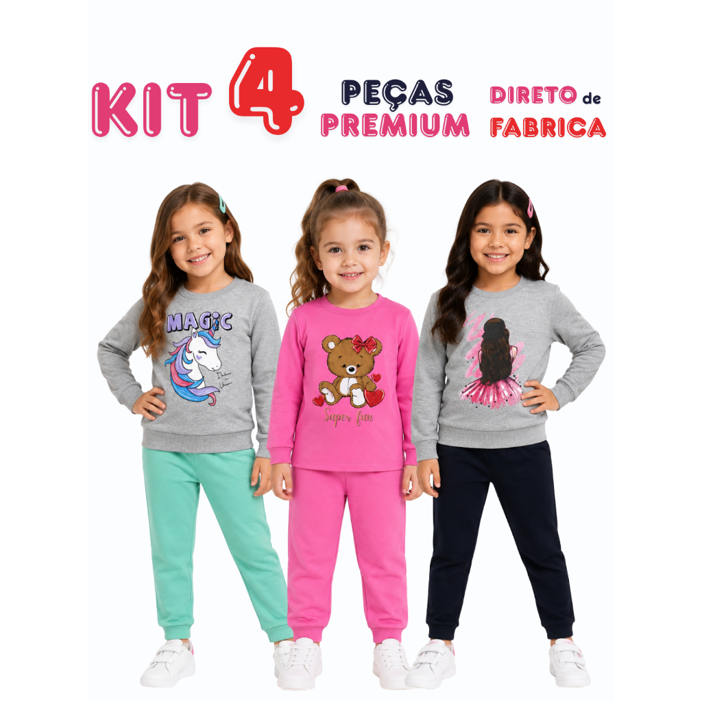 Kit 4 Peças Moletom Infantil Menina Felpado Inverno 2 Conjuntos Tamanho 4 6 8 10