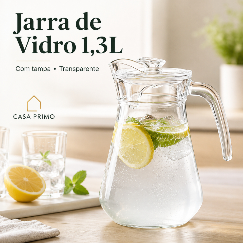 Jarra de Vidro com Tampa Em Acrílico 1,3L Transparente para Água Suco Geladeira Chá Mesa Casa Primo