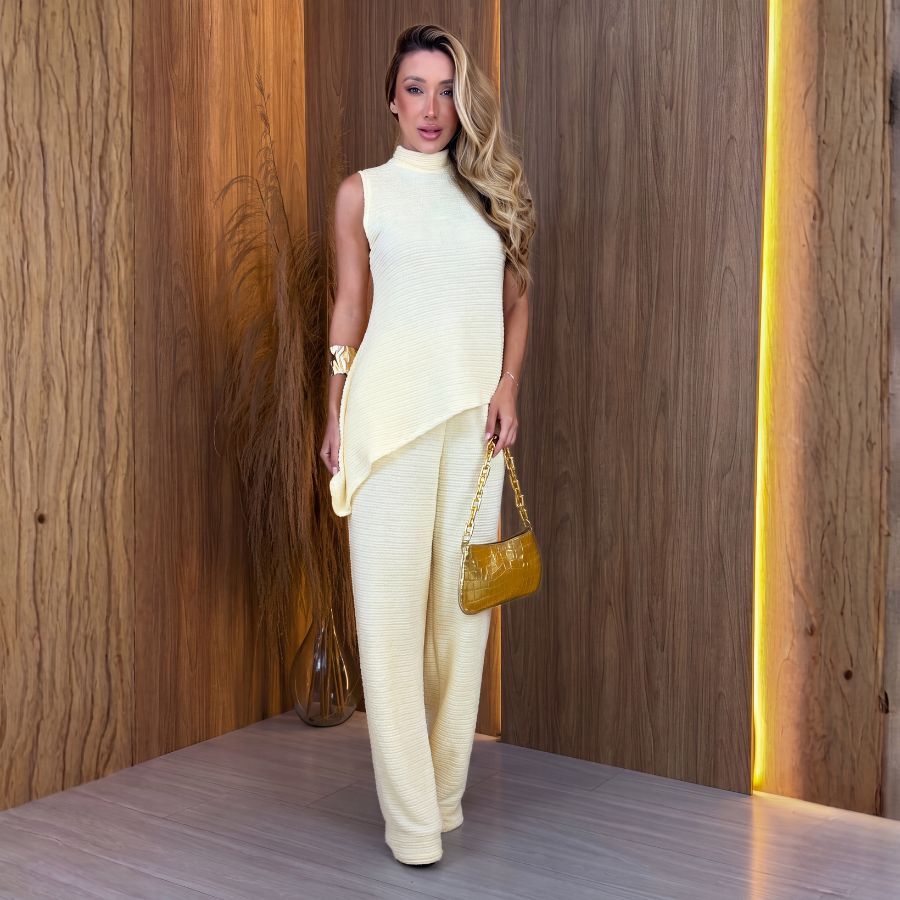 Conjunto Feminino Look Casual Calça Pantalona Elegante Mulher Blusa Assimetrica Gola Alta sem Manga