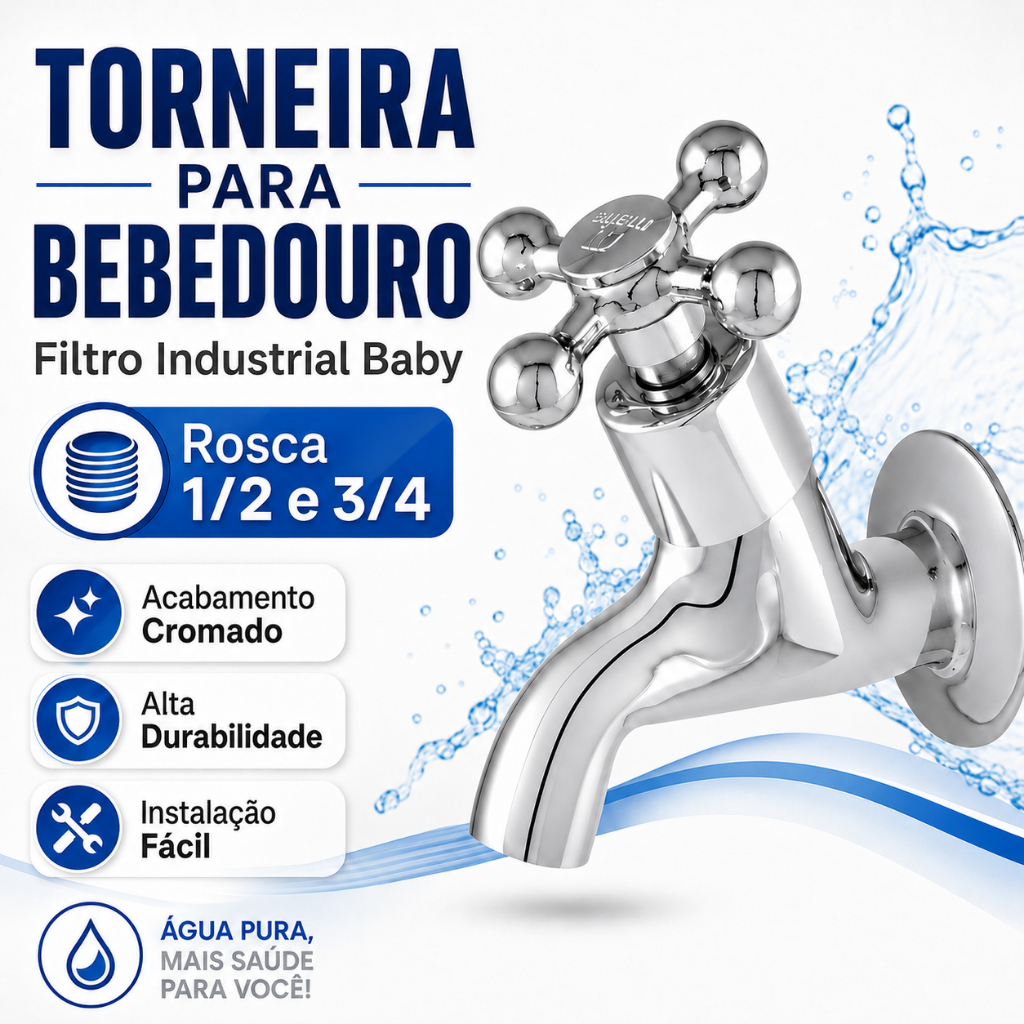 Torneira Para Bebedouro Filtro Industrial Luxo Metal Cromada 1/2 - 3/4
