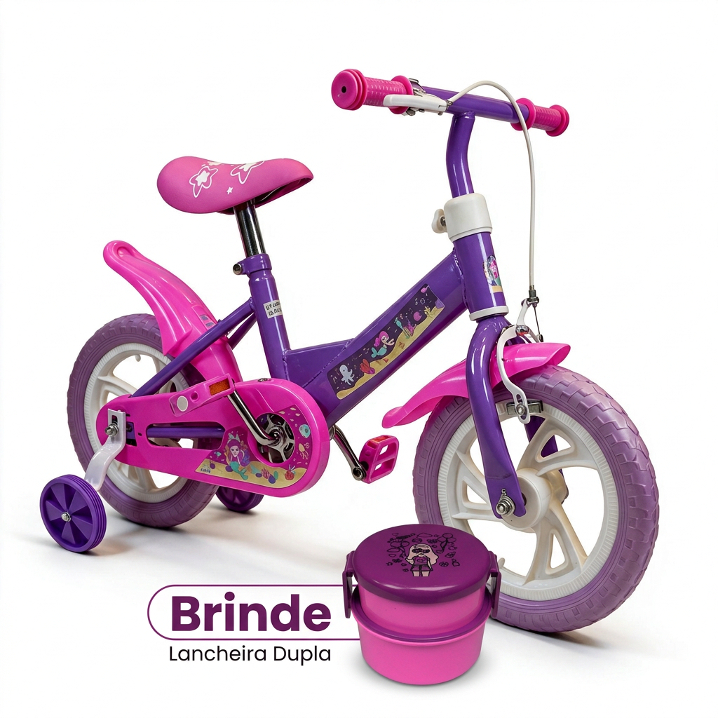 Bicicleta Aro 12 + Lancheira Dupla | Meninas 2+ Anos | Lilás Modelo Sereia | Super Completa | INMETRO | QUEEN SHOP