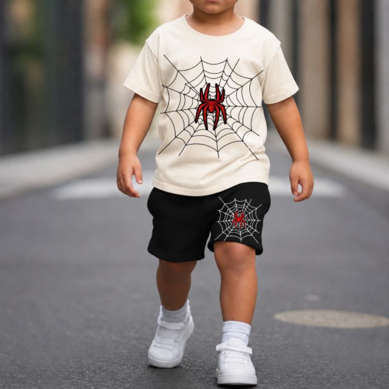 conjunto moda verão para meninos com estampa teia spider aranha mosa casual para o dia a dia