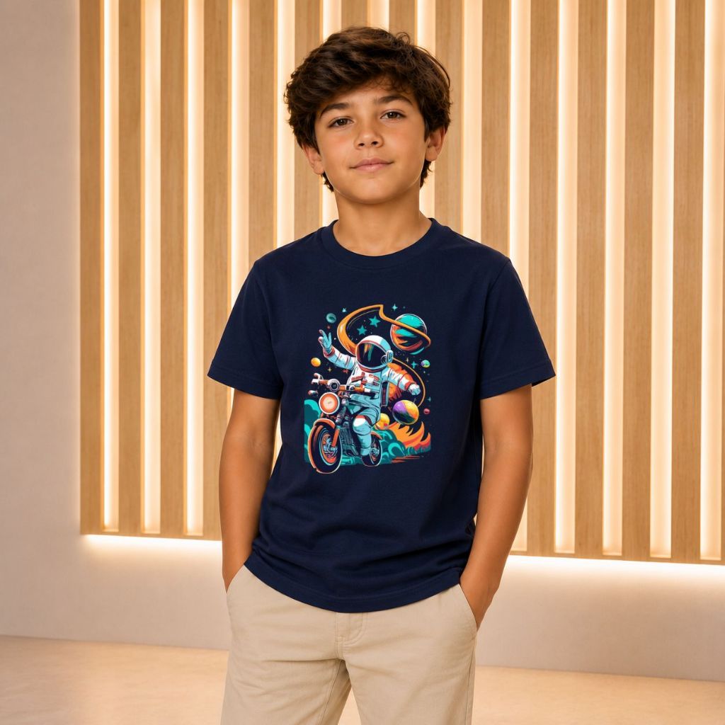 Camiseta Infantil E Juvenil Astronauta Pilotando Moto Espacial Estampa Divertida Confortável Algodão