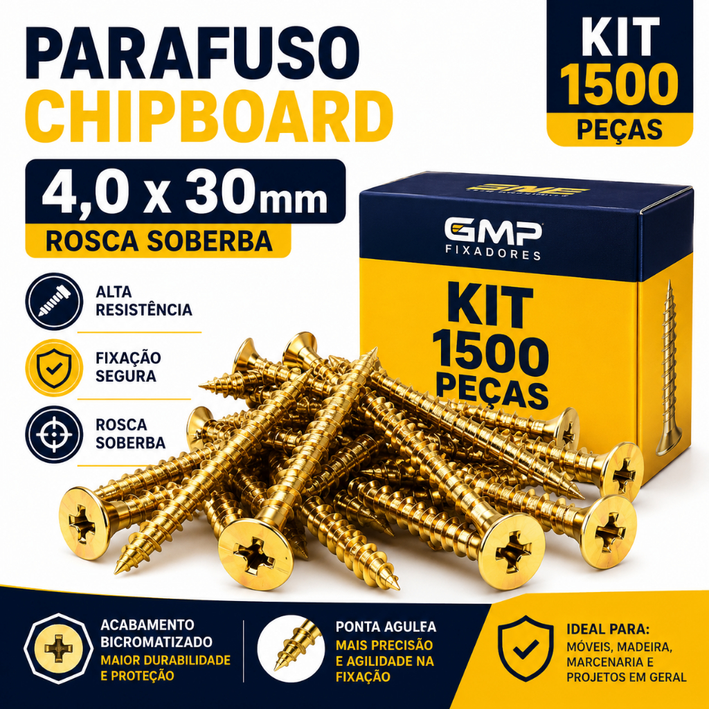 Kit Parafuso Chipboard 4,0x30mm Rosca Soberba Zincado 200 500 1000 1500 Peças Alta resistência