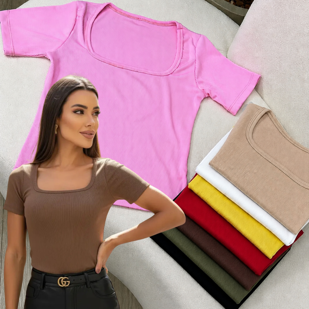 Blusa Feminina Ribaninha Canelada Manga Curta Decote Quadrado Casual Básica Moda Feminina Confortável Tendência