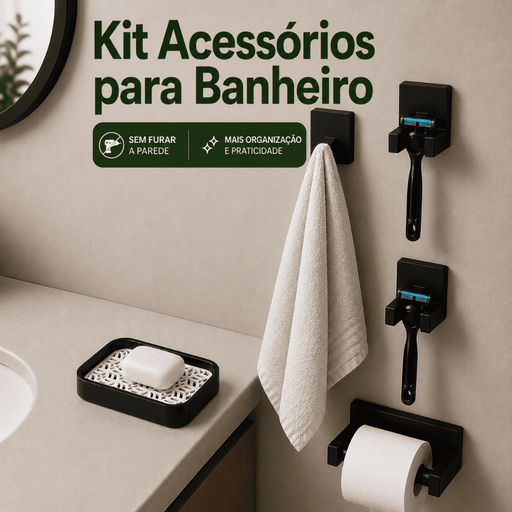 Kit Acessórios Banheiro 5 Peças Sem Furo Gancho Toalha Porta Papel Porta Gilete Saboneteira