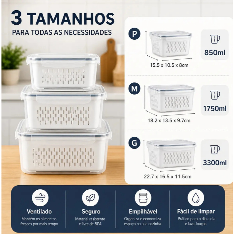 Kit 3 Organizadores Geladeira 850ML/1750ML/3300ML  Alimentos Vegetais