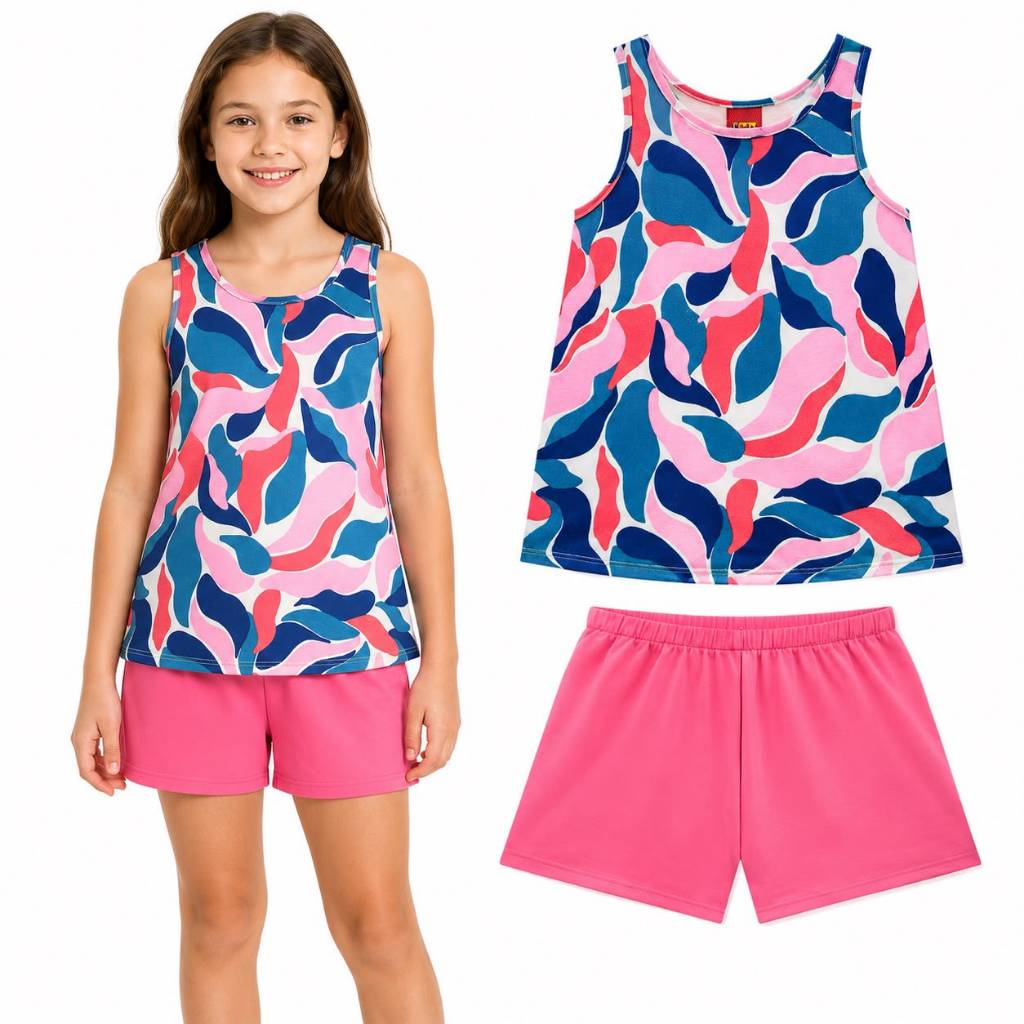 Conjunto Infantil Menina Kyly Verão Blusa Regata Estampada e Shorts Rosa Algodão Conforto 1001843