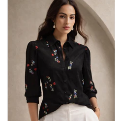 Camisa Feminina Bordada em Relevo - Moda Casual e Atemporal EQ1120