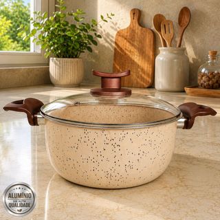 Panela Caçarola 18 cm Antiaderente 6 Camadas de Teflon Bege com Tampa de Vidro Linha Exclusiva Vanilla Premium