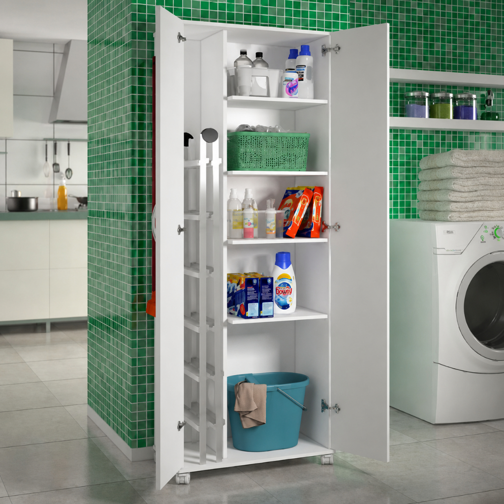 Armario Para Lavanderia 2 Portas Com Rodinhas Multiuso Cor Branco