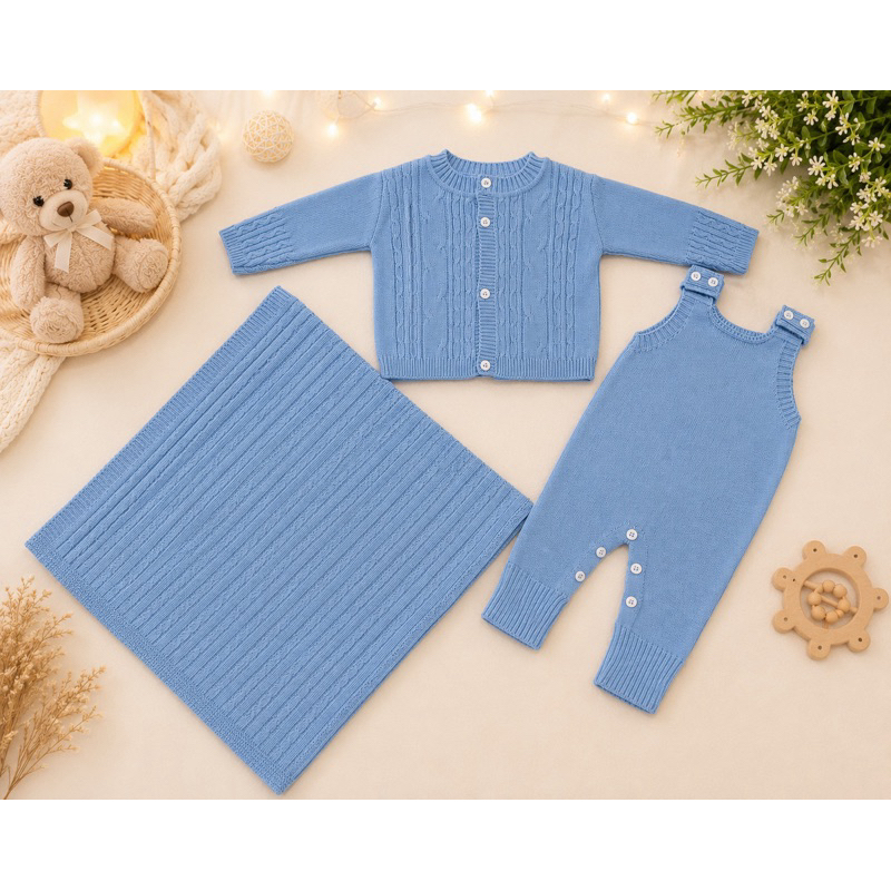 Conjunto Jardineira + Casaquinho RN Bebê Tricot Menino Menina Kit Recém Nascido Tricô
